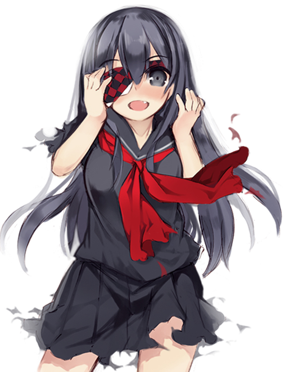 1girl :d argyle bangs black_eyes black_hair black_serafuku black_skirt blush cowboy_shot eyebrows_visible_through_hair eyepatch fang hair_between_eyes hand_on_own_cheek hand_up kurasuke long_hair looking_at_viewer neckerchief nose_blush open_mouth original pleated_skirt print_eyepatch red_neckwear school_uniform serafuku shirt short_sleeves simple_background sketch skirt smile solo standing torn_clothes torn_neckerchief torn_shirt torn_skirt very_long_hair white_background