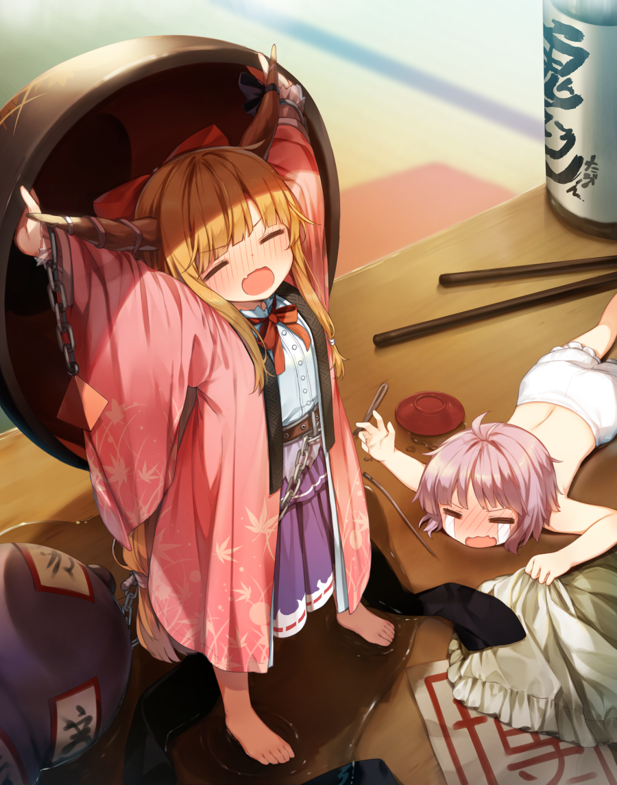 2girls =_= \o/ arms_up bangs barefoot bloomers blue_ribbon blurry blush bottle bow bowl broken chains chopsticks closed_eyes clothes_theft commentary_request crying cup depth_of_field drunk eyebrows_visible_through_hair fang feet gourd holding holding_bowl horn_ribbon horns ibuki_suika japanese_clothes kimono long_hair long_sleeves lying minigirl multiple_girls needle ofuda on_stomach open_mouth orange_hair outstretched_arm outstretched_arms pink_hair pink_kimono purple_skirt pyramid reaching red_bow red_ribbon ribbon sakazuki sake_bottle shinoba shirt short_hair skirt spill sukuna_shinmyoumaru table theft toes topless touhou underwear wavy_mouth white_bloomers white_shirt wide_sleeves
