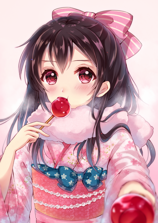 1girl bangs beads black_hair blue_ribbon blush bow breath candy_apple commentary_request eating floral_print food food_in_mouth hair_between_eyes hair_bow holding holding_food incoming_food japanese_clothes kimono long_hair long_sleeves looking_at_viewer love_live! love_live!_school_idol_project obi outstretched_arm pink_background pink_bow pink_scarf pov print_kimono print_obi print_ribbon reaching_out red_eyes revision ribbon sakura_hiyori sash scarf shiny shiny_hair simple_background solo striped striped_bow upper_body yazawa_nico