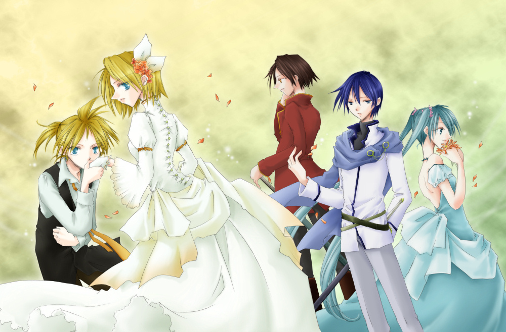 aku_no_musume_(vocaloid) allen_avadonia blonde_hair blue_dress blue_eyes blue_hair brown_hair dress evillious_nendaiki flower fujie germaine_avadonia hair_flower hair_ornament hand_kiss hatsune_miku holding holding_flower kagamine_len kagamine_rin kaito kiss kyle_marlon long_hair meiko michaela_(evillious_nendaiki) petals riliane_lucifen_d'autriche scarf short_hair short_ponytail standing twintails vocaloid white_dress