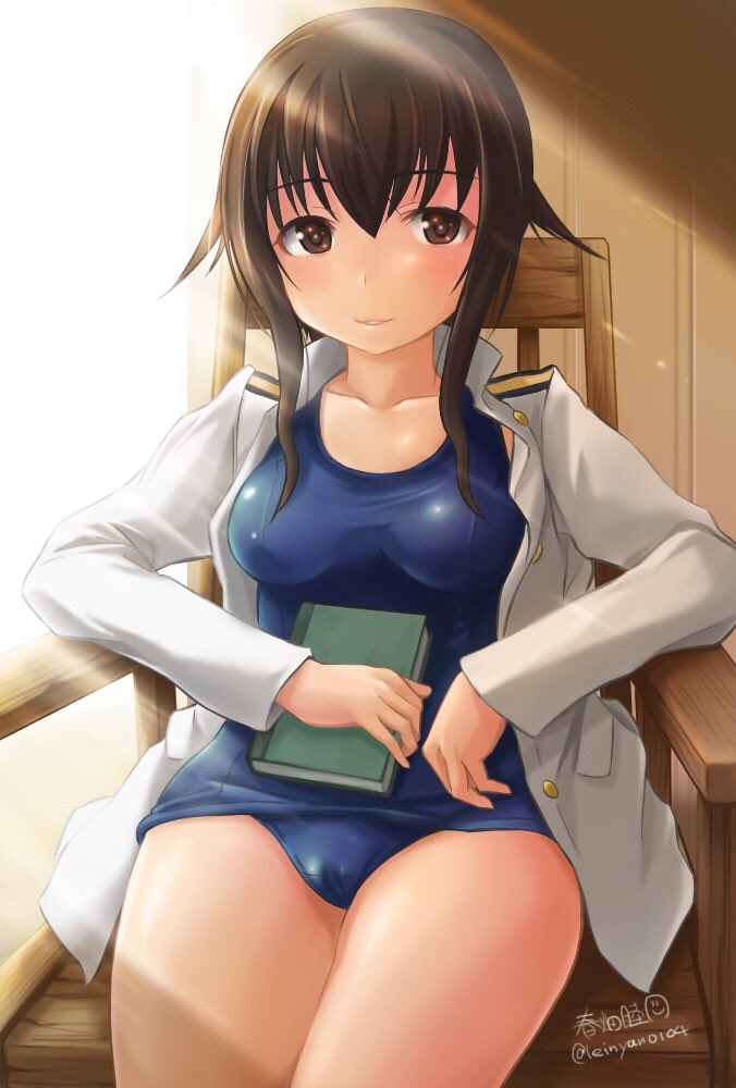 1girl artist_name bangs blue_swimsuit book breasts brown_eyes brown_hair chair commentary_request haruhata_mutsuki holding holding_book jacket long_sleeves looking_at_viewer medium_breasts military military_uniform no_pants one-piece_swimsuit open_clothes open_jacket parted_lips school_swimsuit short_hair short_hair_with_long_locks signature sitting smile solo strike_witches swimsuit takei_junko twitter_username uniform white_jacket wooden_chair world_witches_series