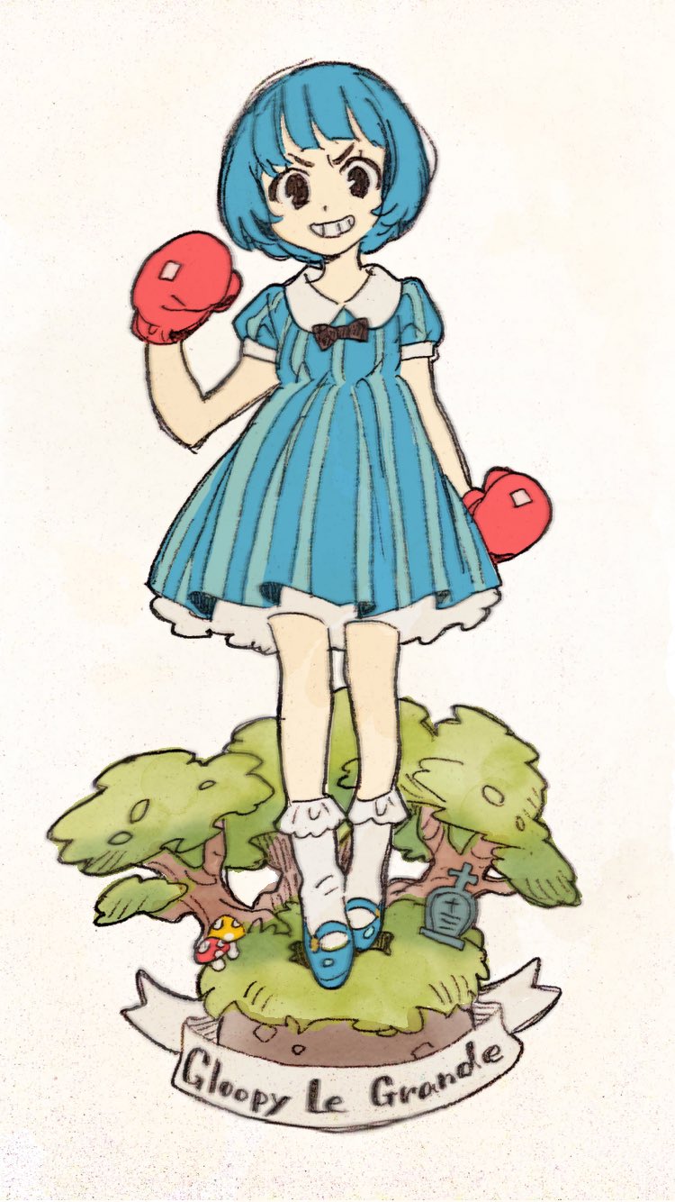 1girl blue_dress blue_hair boxing_gloves character_name cuphead_(game) dress genderswap genderswap_(mtf) goopy_le_grande grin highres mushroom oimo_(14sainobba) personification smile striped striped_dress tombstone