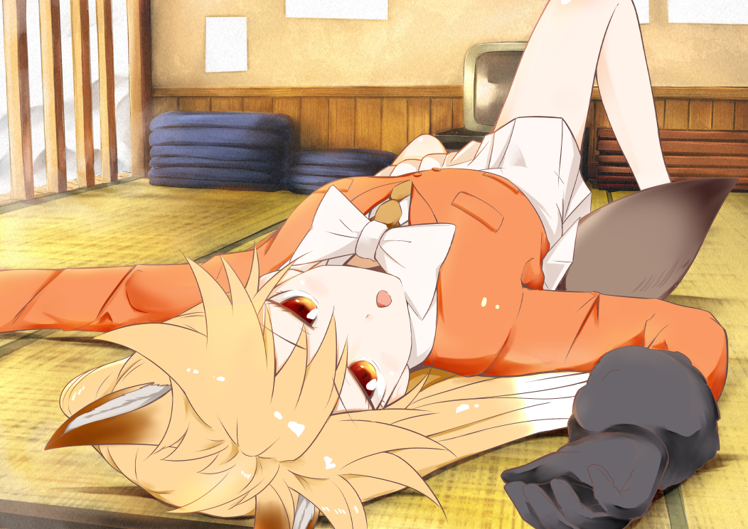 1girl animal_ears bare_legs black_gloves blonde_hair blush bow bowtie ezo_red_fox_(kemono_friends) fox_ears fox_tail gloves hair_between_eyes indoors jacket kawayoshi kemono_friends long_hair long_sleeves looking_at_viewer lying necktie on_back open_mouth orange_eyes orange_jacket outstretched_arms pleated_skirt skirt solo spread_arms tail tatami television white_neckwear white_skirt