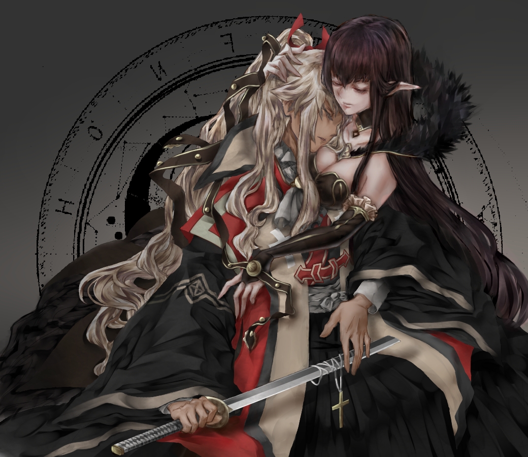 1boy 1girl assassin_of_red black_dress black_hair breasts bridal_gauntlets broken broken_sword broken_weapon cleavage closed_eyes cross dark_skin dress elbow_gloves fate/apocrypha fate_(series) fur_trim gloves head_hug iana_(kirinou) japanese_clothes katana kotomine_shirou long_hair pointy_ears ponytail sword very_long_hair weapon white_hair