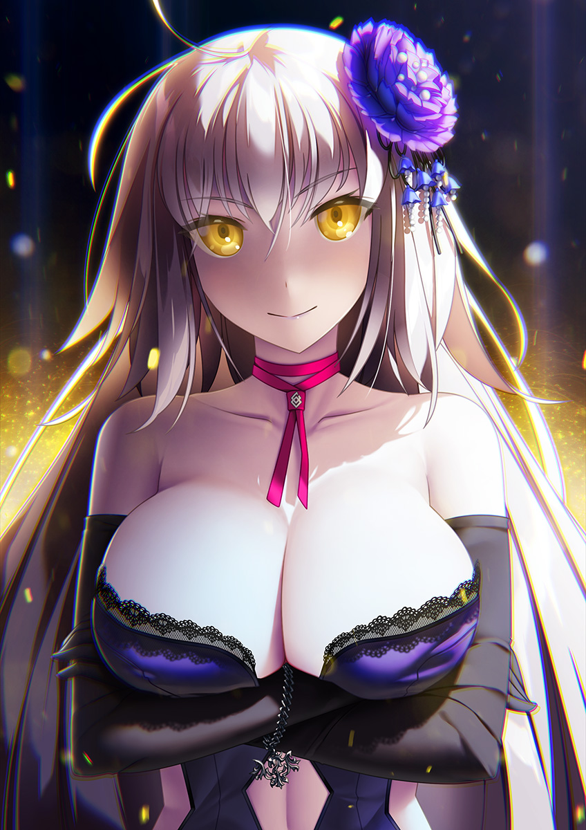 1girl bare_shoulders black_gloves breast_hold breasts cleavage crossed_arms elbow_gloves fate/grand_order fate_(series) flower gloves hair_flower hair_ornament highres hisoca jeanne_alter large_breasts long_hair looking_at_viewer neck_ribbon ribbon ruler_(fate/apocrypha) silver_hair smile solo very_long_hair yellow_eyes