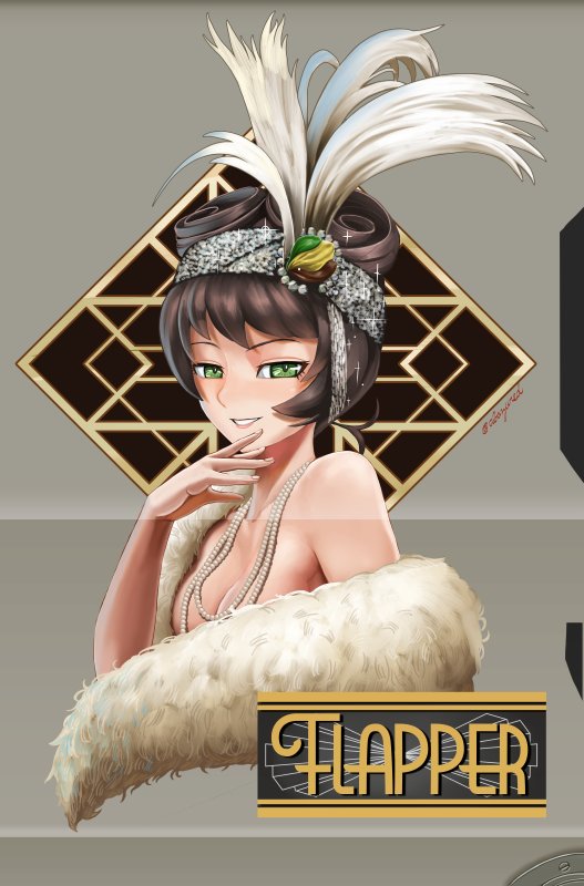1girl abazu-red bangs breasts brown_hair circlet cleavage commentary_request cropped_torso english feathers fur girls_und_panzer green_eyes hair_feathers hair_ornament hair_rings hosomi_(girls_und_panzer) jewelry looking_at_viewer medium_breasts necklace no_shirt parted_lips pearl_necklace portrait short_hair smile standing