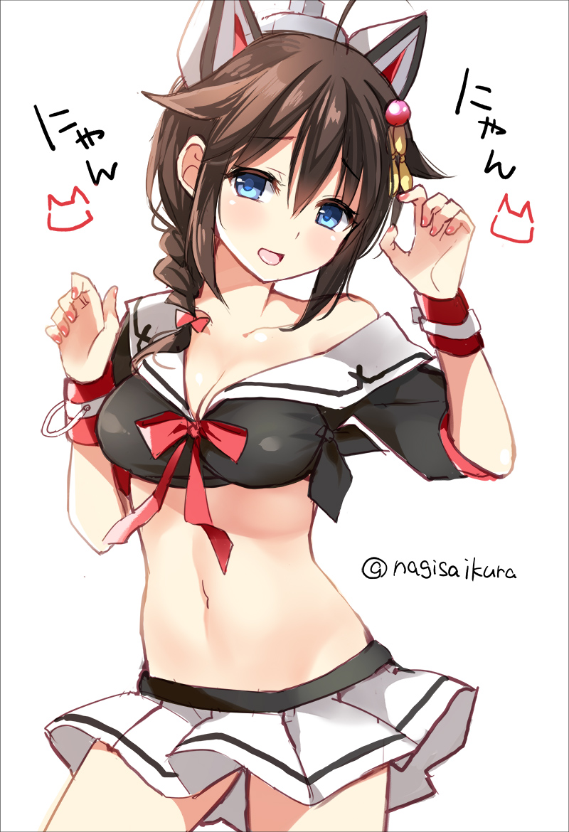 1girl :d ahoge alternate_costume azur_lane blue_eyes braid breasts brown_hair cleavage collarbone commentary_request cosplay hair_flaps hair_ornament hair_ribbon ikura_nagisa kantai_collection long_hair looking_at_viewer medium_breasts navel open_mouth pleated_skirt ribbon school_uniform serafuku shigure_(azur_lane) shigure_(azur_lane)_(cosplay) shigure_(kantai_collection) simple_background single_braid sketch skirt smile solo twitter_username white_background wrist_cuffs