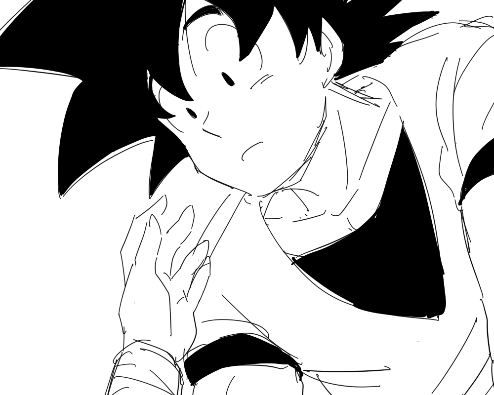 1boy 1girl black_eyes black_hair chi-chi_(dragon_ball) couple dougi dragon_ball expressionless hands looking_at_another looking_down miiko_(drops7) monochrome out_of_frame reaching son_gokuu wristband