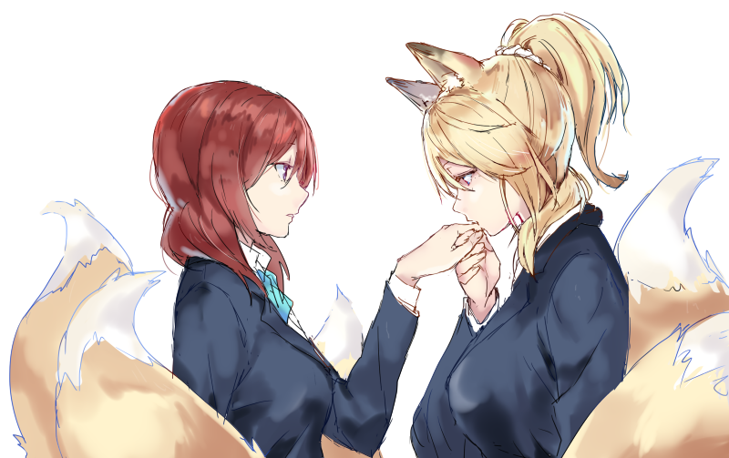 2girls animal_ears ayase_eli blonde_hair fox_ears fox_tail from_side hand_holding hand_kiss kemonomimi_mode kiss long_sleeves love_live! love_live!_school_idol_project multiple_girls multiple_tails nishikino_maki open_mouth ponytail redhead school_uniform scrunchie sen'yuu_yuuji tail upper_body white_background yuri