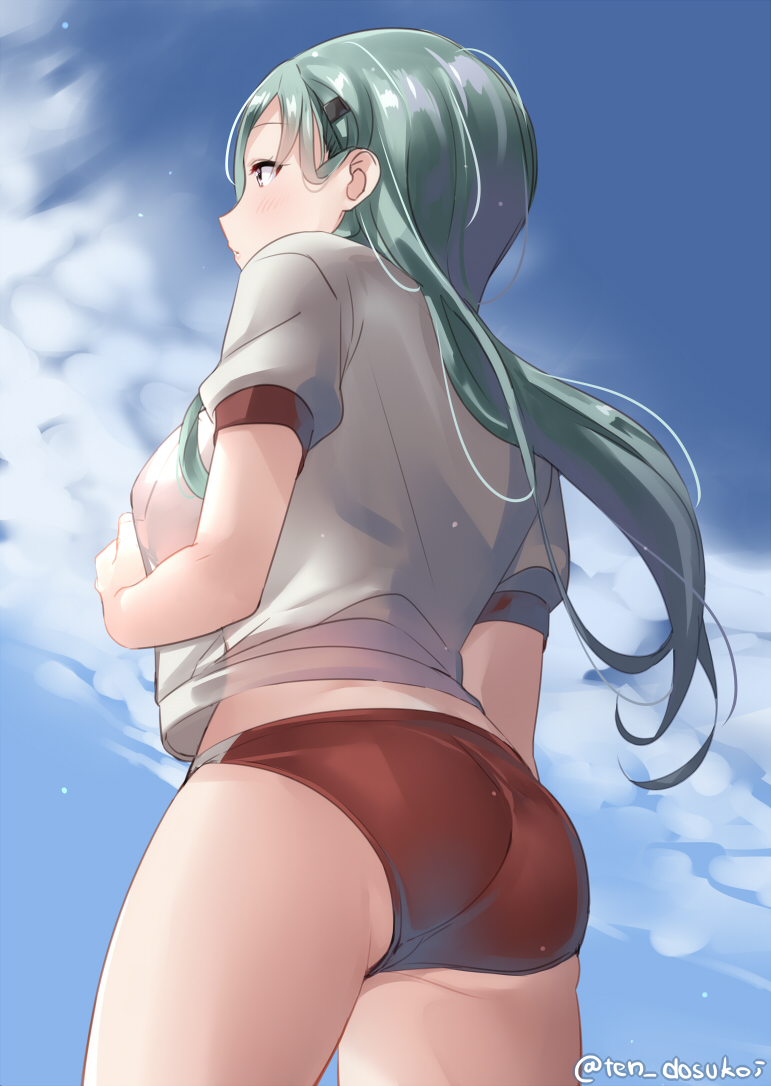 1girl alternate_costume aqua_hair arm_at_side ass blue_sky blush breasts brown_eyes buruma clouds cowboy_shot day from_below gym_uniform hair_ornament hairclip hand_on_own_chest juurouta kantai_collection long_hair looking_away medium_breasts outdoors profile shiny shiny_hair shirt short_sleeves sky solo standing suzuya_(kantai_collection) tareme thighs twitter_username white_shirt