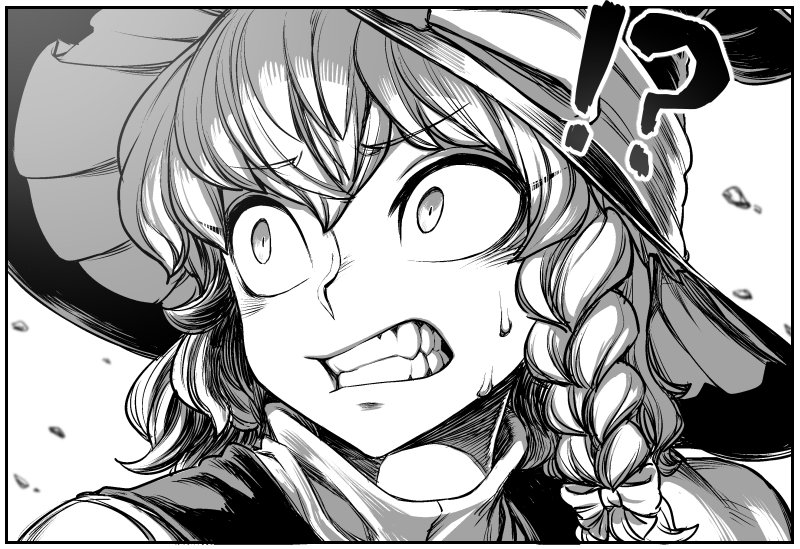 !? 1girl black_border blouse border braid clenched_teeth close-up commentary_request debris face greyscale hair_between_eyes hair_ribbon hat kirisame_marisa long_hair looking_afar looking_away looking_to_the_side monochrome ribbon sanpaku solo space_jin teeth touhou tress_ribbon vest white_background wide-eyed witch_hat