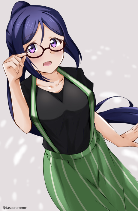 1girl adjusting_eyewear arm_at_side bangs bespectacled black-framed_eyewear black_shirt blush breasts collarbone cowboy_shot dutch_angle eyebrows_visible_through_hair glasses green_skirt grey_background hand_up long_hair long_skirt looking_at_viewer love_live! love_live!_sunshine!! matsuura_kanan medium_breasts open_mouth parted_bangs ponytail purple_hair shirt short_sleeves skirt solo standing striped suspender_skirt suspenders tareme tasora twitter_username vertical-striped_skirt vertical_stripes very_long_hair violet_eyes