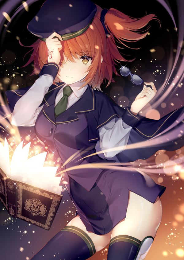 1girl adjusting_clothes adjusting_hat beret blush book brown_eyes brown_hair cape capelet closed_mouth collared_shirt command_spell contrapposto cowboy_shot eyebrows_visible_through_hair eyewear_removed fate/grand_order fate_(series) floating_book fujimaru_ritsuka_(female) glasses glint glowing green_neckwear grimoire hand_on_headwear hands_up hat holding_eyewear leaning_to_the_side light_particles long_sleeves looking_at_viewer necktie necomi one_side_up purple-framed_eyewear purple_cape purple_hat purple_legwear purple_vest shiny shiny_skin shirt short_hair side_slit smile solo standing thigh-highs thighs vest white_shirt wing_collar zettai_ryouiki
