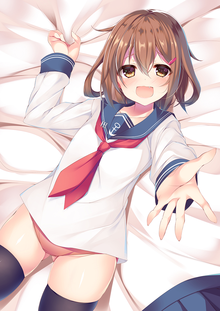 1girl :d anchor_symbol bangs bed_sheet black_legwear blue_skirt blush brown_eyes brown_hair collarbone commentary_request eyebrows_visible_through_hair fang fingernails gabao. gluteal_fold hair_between_eyes hair_ornament hairclip head_tilt heart heart-shaped_pupils highres ikazuchi_(kantai_collection) kantai_collection long_sleeves looking_at_viewer lying neckerchief on_back open_mouth outstretched_arm panties pink_panties pleated_skirt red_neckwear school_uniform serafuku sheet_grab shirt skirt skirt_removed smile solo symbol-shaped_pupils thigh-highs underwear white_shirt