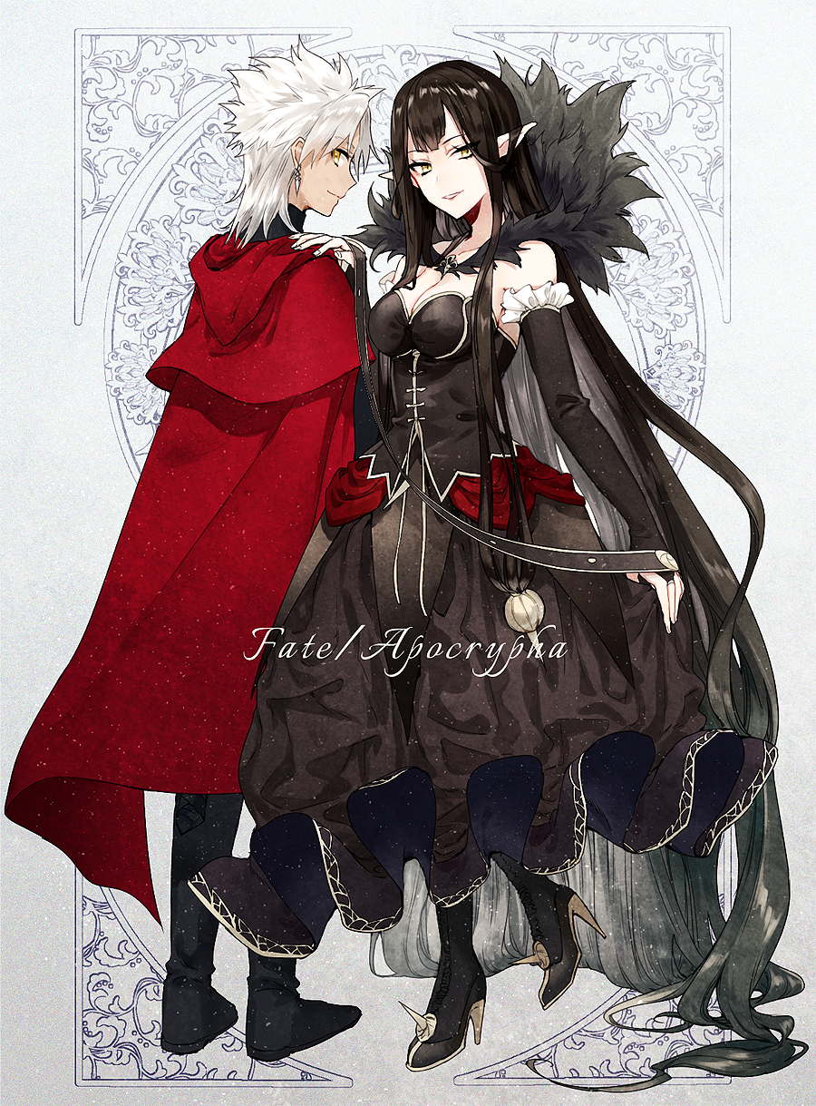 1boy 1girl assassin_of_red bare_shoulders black_dress black_hair boots breasts bridal_gauntlets cape cleavage copyright_name dark_skin dress earrings elbow_gloves fate/apocrypha fate_(series) fur_trim gloves hand_on_another's_shoulder high_heel_boots high_heels highres jewelry kotomine_shirou large_breasts long_hair looking_at_viewer pointy_ears smile strsouko very_long_hair white_hair yellow_eyes