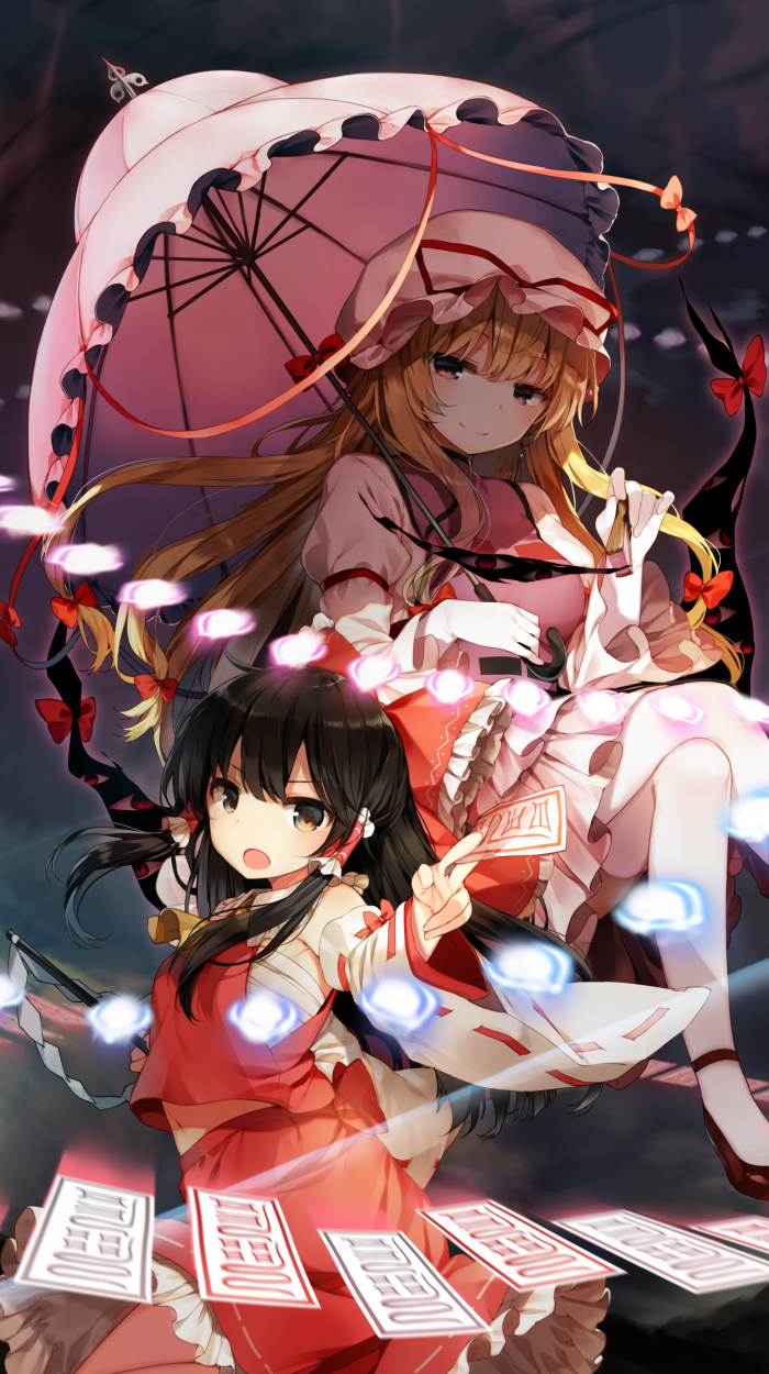 2girls ascot bangs black_hair blonde_hair bow commentary danmaku detached_sleeves eyes gap gloves gohei hair_bow hair_tubes hakurei_reimu hat hat_ribbon highres holding holding_umbrella legs_crossed long_hair long_sleeves looking_at_viewer mob_cap multiple_girls ofuda open_mouth parasol puffy_long_sleeves puffy_sleeves red_bow red_eyes red_ribbon red_skirt ribbon ribbon-trimmed_sleeves ribbon_trim sarashi shide shinoba shoes sidelocks skirt skirt_set smile thigh-highs touhou umbrella vest white_gloves white_legwear wide_sleeves yakumo_yukari