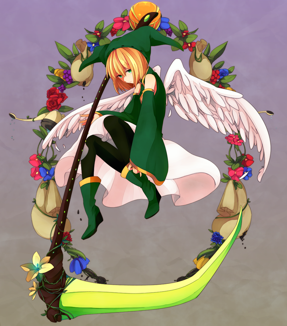 1boy androgynous angel_wings bag bangs black_legwear blonde_hair bob_cut boots crossdressinging detached_sleeves elona feathered_wings feathers flower god gradient gradient_background green_eyes green_footwear green_hat green_shirt hat holding holding_scythe holding_weapon jester_cap knee_boots kumiromi_of_harvest leaf long_sleeves pantyhose platform_boots platform_footwear red_rose rose scythe shirt short_hair skirt sleeveless sleeveless_shirt solo turtleneck weapon white_skirt white_wings wide_sleeves wings yarai_(fdhjzs)