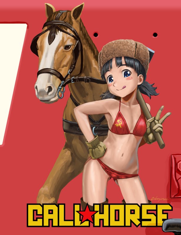 1girl :q abazu-red bangs bikini black_hair blue_eyes blush_stickers boots breasts brown_footwear brown_gloves brown_hat closed_mouth commentary_request emblem english fur_hat girls_und_panzer gloves hand_on_hip hat horse nina_(girls_und_panzer) pravda_(emblem) red_bikini short_hair short_twintails small_breasts smile standing swimsuit thigh-highs thigh_boots tongue tongue_out twintails twitter_username ushanka