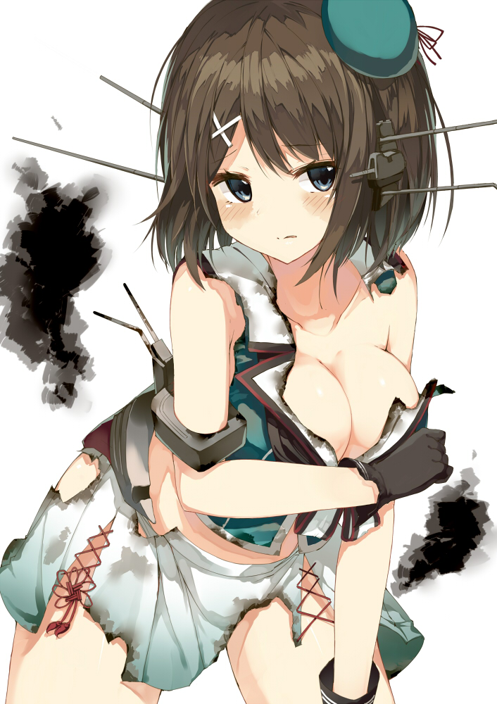 1girl beret black_eyes black_gloves blue_hat blush breasts brown_hair burnt_clothes cleavage collarbone gloves hair_ornament hairclip hat headgear kantai_collection large_breasts looking_at_viewer maya_(kantai_collection) mini_hat miniskirt off_shoulder pleated_skirt remodel_(kantai_collection) short_hair simple_background skirt solo white_background white_skirt yuui_hutabakirage