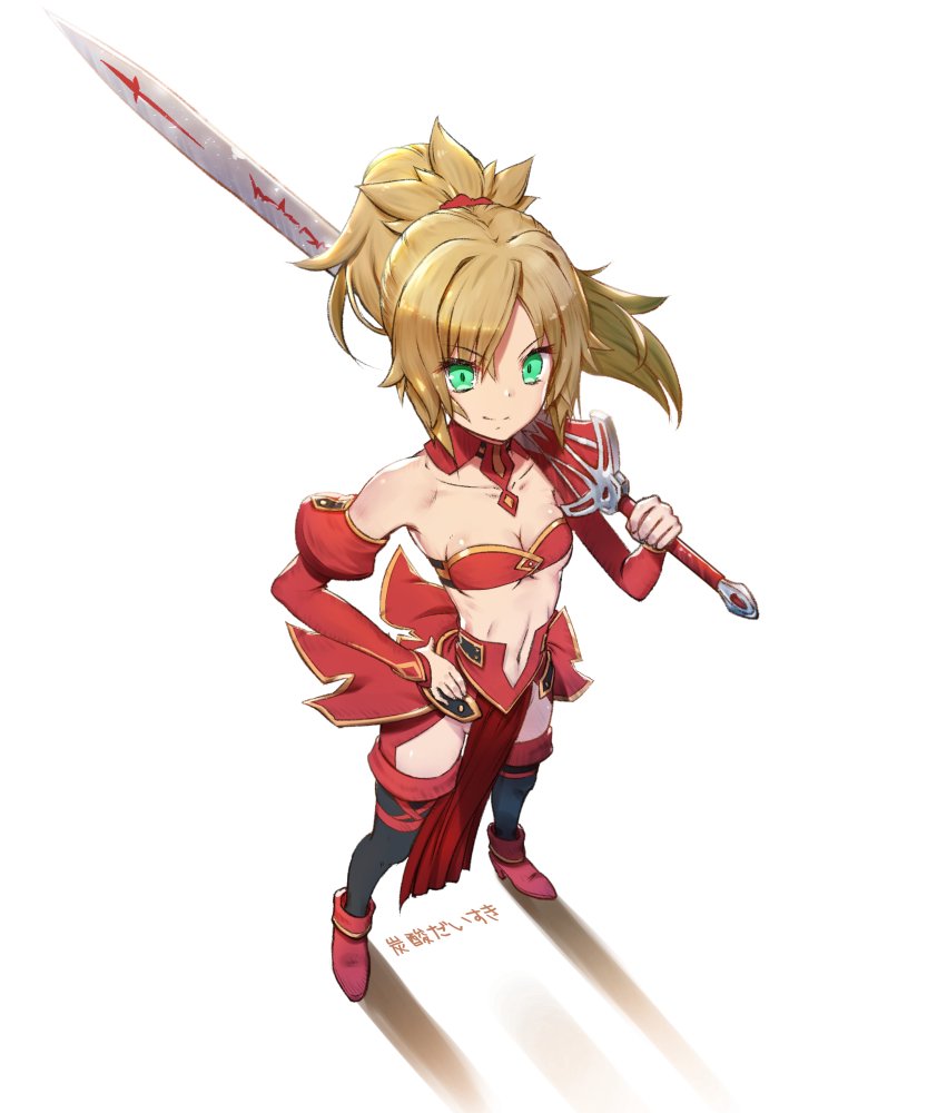 1girl bare_shoulders black_legwear blonde_hair breasts cleavage collarbone fate/grand_order fate_(series) full_body green_eyes holding holding_sword holding_weapon medium_breasts navel saber_of_red short_ponytail solo sword tansan_daisuki thigh-highs weapon