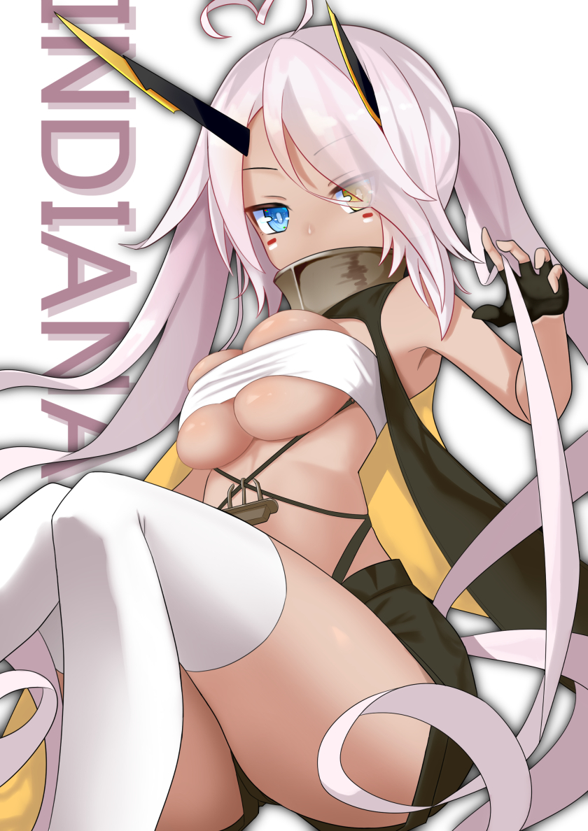 1girl ahoge anchor azur_lane bandeau black_shorts blue_eyes breasts bursting_breasts character_name collar covered_mouth cross-laced_clothes dark_skin eyes_visible_through_hair facepaint facial_mark fingerless_gloves gloves hair_over_one_eye heterochromia horns indianapolis_(azur_lane) long_hair looking_at_viewer medium_breasts pink_hair short_shorts shorts sitting templus thigh-highs twintails very_long_hair vest white_legwear yellow_eyes