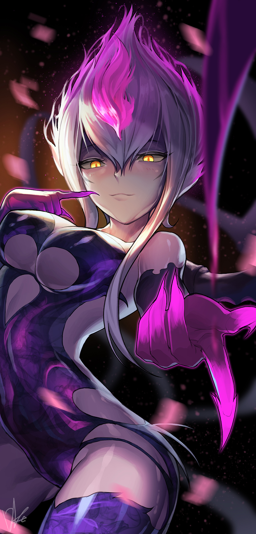 1girl bangs bare_shoulders breasts evelynn finger_to_mouth fingernails groin hair_between_eyes half-closed_eyes highres league_of_legends lee_seok_ho looking_at_viewer medium_breasts multicolored_hair pale_skin pink_hair pointing pointing_at_viewer sharp_fingernails smile solo two-tone_hair under_boob white_hair yellow_eyes