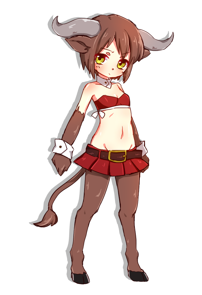 1girl animal_ears bangs bare_shoulders belt belt_buckle blush bra breasts brown_fur brown_hair buckle clenched_hands closed_mouth cow_ears cow_girl cow_horns cow_tail detached_collar eyebrows_visible_through_hair full_body fur hooves horns kamaboko_(mato225) legs_apart looking_at_viewer monster_girl navel original pleated_skirt pout red_bra red_skirt short_hair simple_background skirt small_breasts solo standing strapless strapless_bra tail underwear white_background yellow_eyes