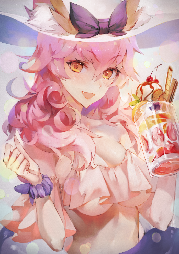 1girl :d animal_ears bangs bikini breasts cherry eyebrows_visible_through_hair fang fate/extra fate_(series) food fox_ears fruit hair_between_eyes hands_up hat hong ice_cream innertube large_breasts long_hair looking_at_viewer open_mouth pink_hair scrunchie skindentation smile solo sun_hat sundae swimsuit tamamo_(fate)_(all) tamamo_no_mae_(fate) tsurime upper_body wafer_stick wavy_hair white_bikini wrist_scrunchie