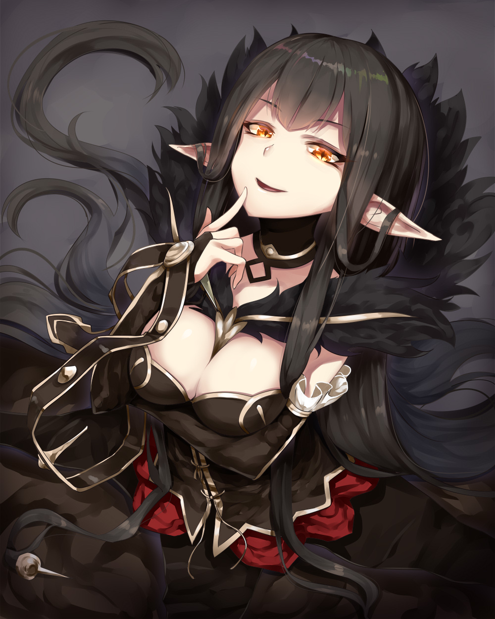 1girl assassin_of_red black_dress black_hair breasts bridal_gauntlets cleavage dress elbow_gloves fate/apocrypha fate_(series) finger_to_mouth fur_trim gloves highres large_breasts long_hair looking_at_viewer looking_up pointy_ears smile solo spikes very_long_hair yellow_eyes yuuuuu