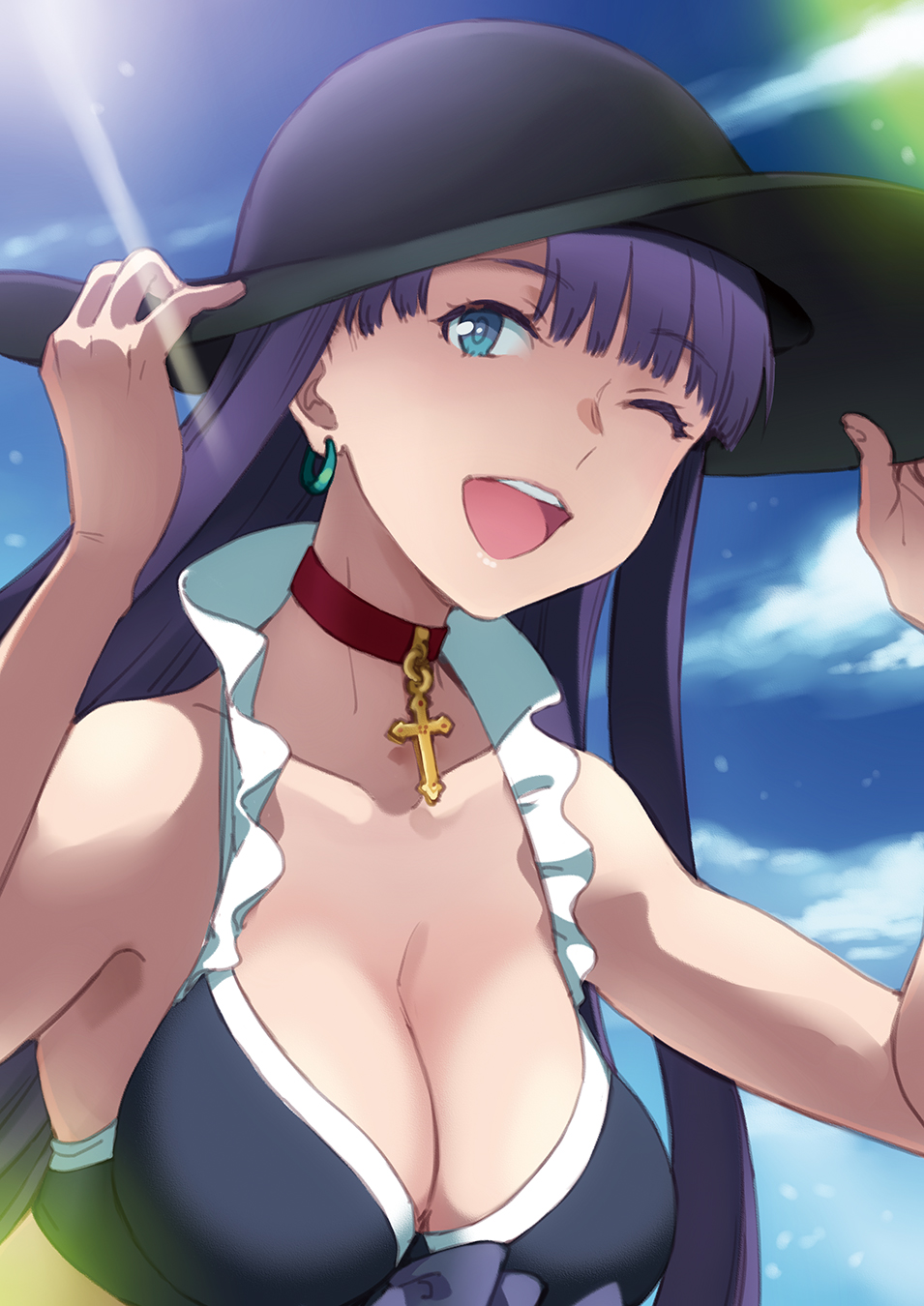 1girl ;d bangs bare_arms bare_shoulders bikini_top black_bikini_top black_hat blue_eyes blue_sky blunt_bangs breasts choker cleavage clouds collarbone cross day earrings fate/grand_order fate_(series) frilled_bikini_top hands_on_headwear hat highres jewelry large_breasts light_rays long_hair looking_at_viewer one_eye_closed open_mouth pendant purple_hair puyo red_neckwear saint_martha saint_martha_(swimsuit_ruler)_(fate) sketch sky smile solo straight_hair sunbeam sunlight upper_body