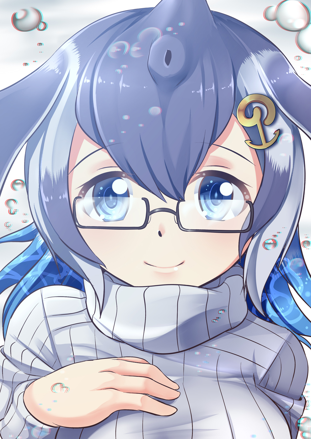 1girl air_bubble anchor_hair_ornament blue_eyes blue_hair blue_whale_(kemono_friends) bubble chromatic_aberration commentary_request dot_nose fins glasses grey_hair hair_between_eyes hair_ornament hairclip hand_on_own_chest head_fins highres japari_symbol kemono_friends long_hair long_sleeves looking_at_viewer multicolored_hair ribbed_sweater smile solo submerged sweater swimsuit turtleneck turtleneck_sweater white_swimsuit yasume_yukito
