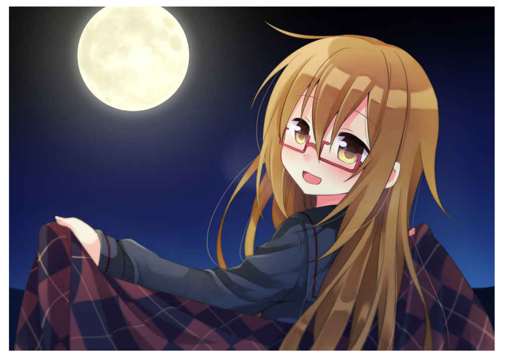 1girl :d argyle argyle_background blush brown_eyes brown_hair commentary_request from_behind full_moon glasses kantai_collection long_hair looking_at_viewer looking_back mochizuki_(kantai_collection) moon nagasioo night open_mouth smile solo upper_body windowboxed