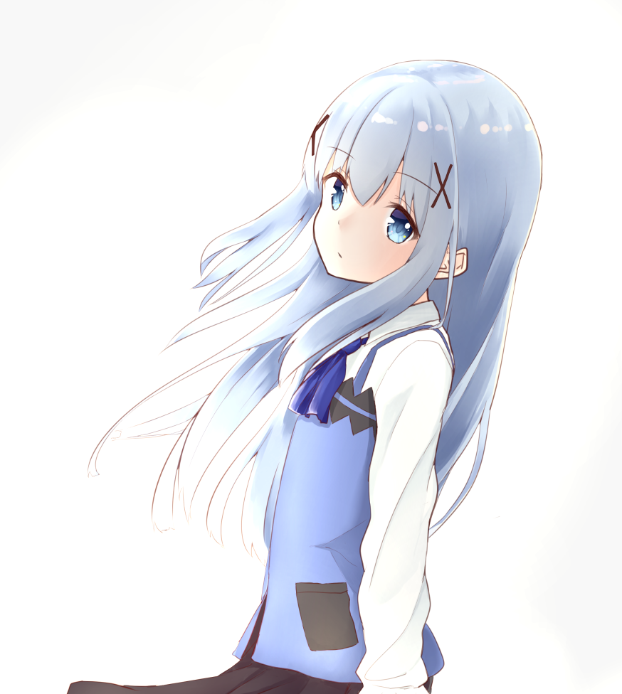 1girl bangs black_skirt blue_eyes blue_neckwear blue_vest bow bowtie closed_mouth collared_shirt commentary_request eyebrows_visible_through_hair flat_chest from_side gochuumon_wa_usagi_desu_ka? hair_ornament hairclip k_mugura kafuu_chino light_blue_hair long_hair long_sleeves looking_at_viewer rabbit_house_uniform shirt simple_background skirt solo upper_body vest white_background white_shirt wing_collar x_hair_ornament