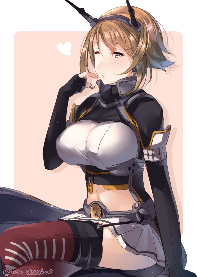 1girl black_jacket blush breasts brown_hair cosplay elbow_gloves fingerless_gloves gloves green_eyes hand_to_own_mouth headgear heart jacket juurouta kantai_collection large_breasts long_sleeves looking_at_viewer midriff mutsu_(kantai_collection) nagato_(kantai_collection) nagato_(kantai_collection)_(cosplay) navel one_eye_closed outside_border pink_background remodel_(kantai_collection) short_hair simple_background sitting solo white_border