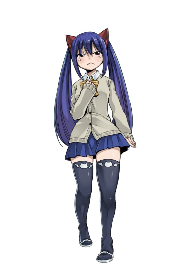 1girl blue_hair blue_skirt blush breasts cardigan fairy_tail full_body hair_ornament half-closed_eyes hand_on_own_chest long_hair long_sleeves looking_at_viewer mashima_hiro pleated_skirt school_uniform simple_background skirt slippers solo thigh-highs thighs twintails wendy_marvell white_background yellow_neckwear zettai_ryouiki