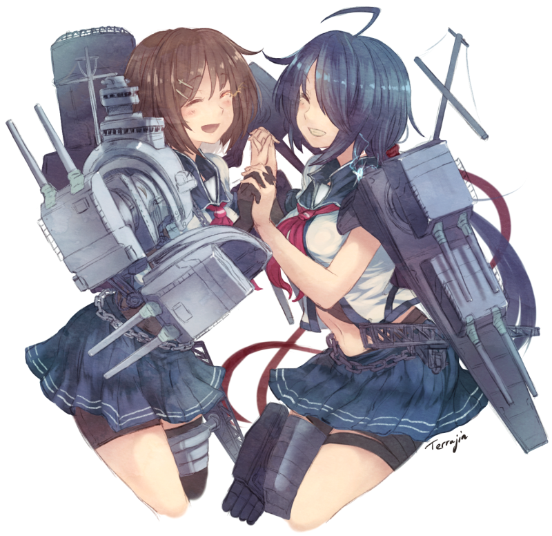 2girls ^_^ ahoge black_hair black_legwear black_skirt breasts brown_hair closed_eyes cowboy_shot furutaka_(kantai_collection) grin hair_ornament hair_over_one_eye hairclip hand_holding kako_(kantai_collection) kantai_collection long_hair medium_breasts miniskirt multiple_girls navel neckerchief parted_lips remodel_(kantai_collection) school_uniform serafuku short_hair short_sleeves shorts_under_skirt single_thighhigh skirt smile stomach terajin thigh-highs turret very_long_hair