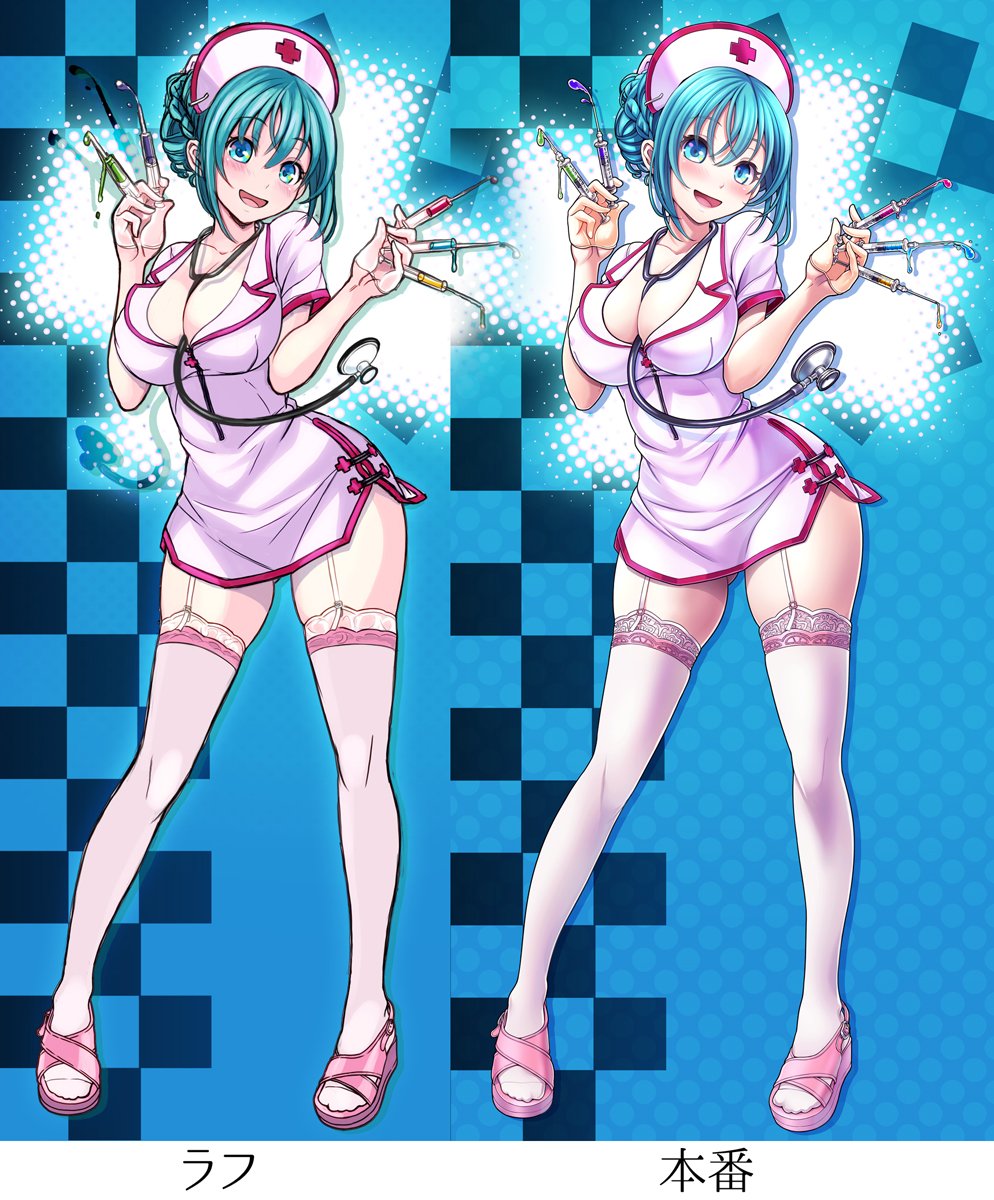 1girl arms_at_sides bangs braided_bun breasts checkered cleavage collarbone commentary_request comparison contrapposto full_body garter_straps gluteal_fold green_eyes green_hair hat highres holding lace lace-trimmed_thighhighs light_blush looking_at_viewer nurse nurse_cap open_mouth pigeon-toed pink_footwear platform_footwear scrub side_slit sidelocks smile standing stethoscope syringe thigh-highs v-mag w_arms white_legwear zettai_ryouiki