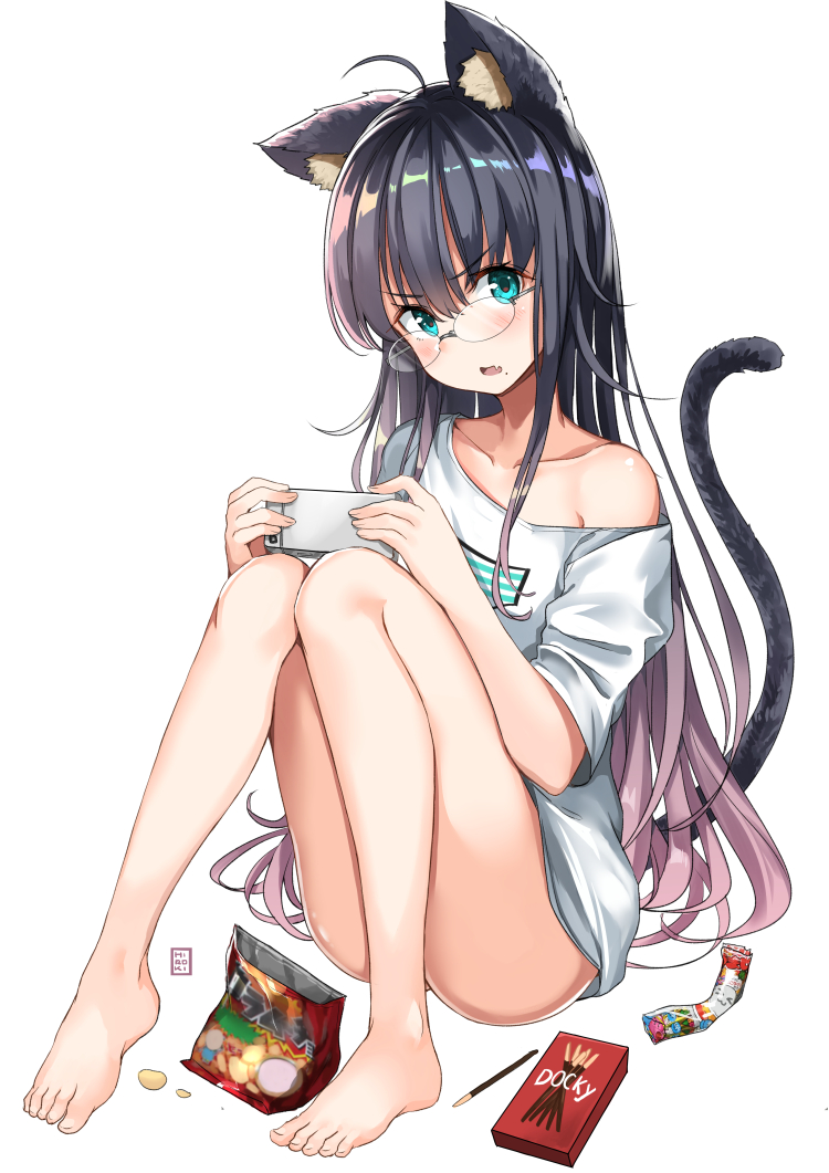 &gt;:o 1girl :o animal_ears aqua_eyes bag_of_chips bangs black_hair blush cat_ears cat_tail cellphone collarbone convenient_leg eyebrows_visible_through_hair fang food full_body glasses hair_between_eyes hiroki_(hirokiart) holding holding_phone knees_up looking_at_viewer mole mole_under_mouth off-shoulder_shirt open_mouth original phone pocky shirt short_sleeves simple_background sitting smartphone solo tail thighs umaibou white_background white_shirt