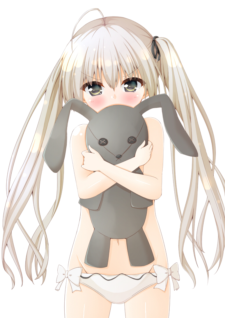 1girl ahoge bangs black_ribbon blush bow bow_panties brown_eyes covered_mouth cowboy_shot eyebrows_visible_through_hair grey_hair groin hair_between_eyes hair_ribbon haru_(konomi_150) head_tilt kasugano_sora long_hair looking_at_viewer navel object_hug panties ribbon simple_background sketch solo standing stuffed_animal stuffed_bunny stuffed_toy topless twintails underwear underwear_only very_long_hair white_background white_panties yosuga_no_sora