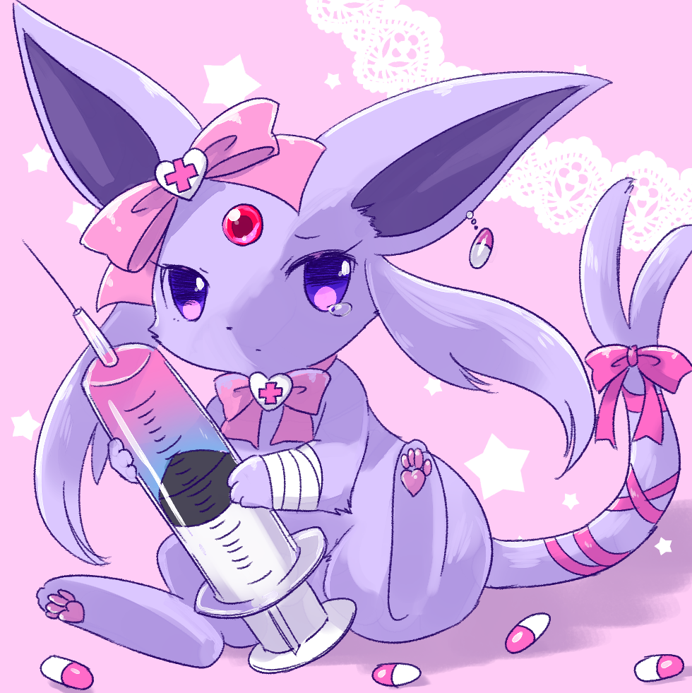 bandage bow cross earrings espeon forehead_jewel forked_tail heart holding jewelry kemoribon looking_at_viewer no_humans paws pill pink_background pink_bow pink_neckwear pokemon sitting star syringe tail tears violet_eyes