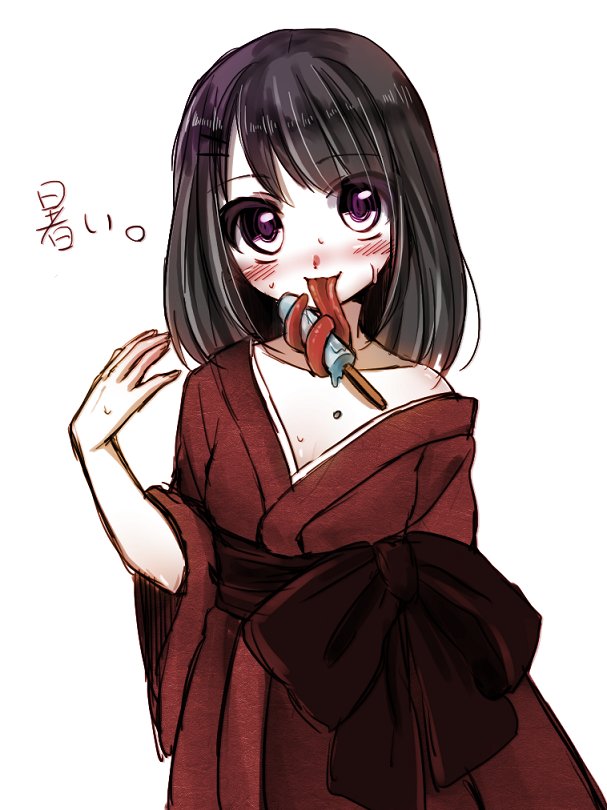 1girl bangs black_hair blush eyebrows_visible_through_hair food food_on_body hair_ornament hairclip hand_up happy japanese_clothes kamaboko_(mato225) kimono long_hair long_sleeves long_tongue looking_at_viewer obi off_shoulder original popsicle prehensile_tongue red_kimono sash simple_background single_bare_shoulder smile solo sweat tongue tongue_out upper_body violet_eyes white_background wide_sleeves