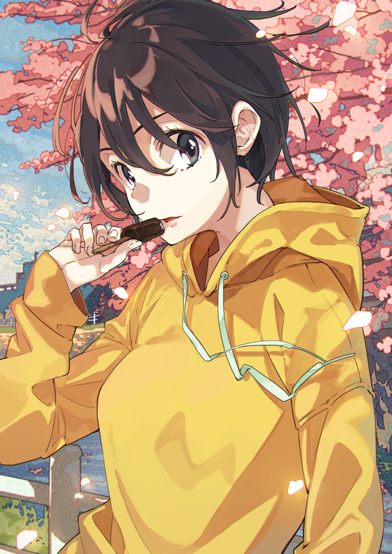 1girl background blouse breasts brown_eyes brown_hair candy cherry_blossoms eating falsehood food holding_candy looking_at_viewer medium_breasts open_mouth short_hair solo upper_body yellow_blouse