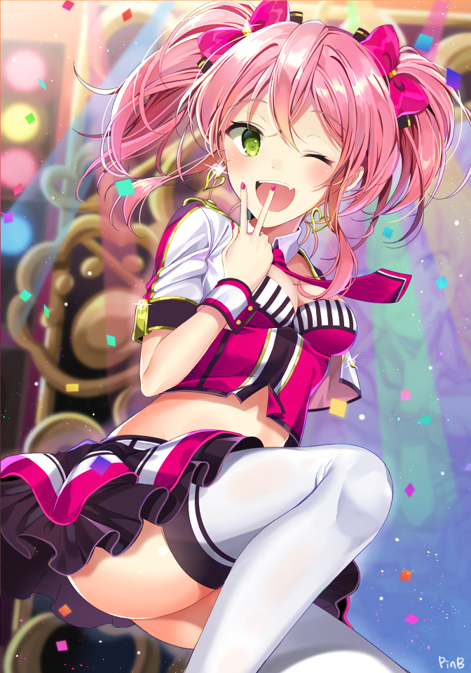 1girl artist_name bangs blurry blush bow breasts confetti depth_of_field earrings eyebrows_visible_through_hair glint green_eyes hair_bow hand_up heart heart_earrings idolmaster idolmaster_cinderella_girls jewelry jougasaki_mika knee_up looking_at_viewer nail_polish necktie open_mouth pinb pink_hair purple_bow purple_nails purple_neckwear sidelocks signature small_breasts smile solo teeth thigh-highs twintails v white_legwear