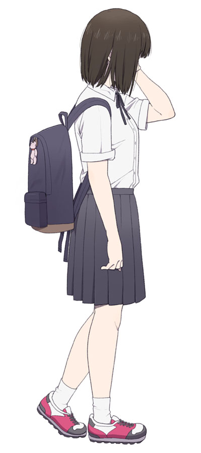 1girl arm_at_side arm_up backpack bag bag_charm bangs black_hair black_skirt blunt_bangs bob_cut charm_(object) collared_shirt dress_shirt from_side full_body hand_in_hair mattaku_mousuke medium_skirt original pink_footwear pleated_skirt school_uniform shirt shoes short_hair short_sleeves simple_background skirt sneakers socks solo standing white_background white_legwear white_shirt wing_collar