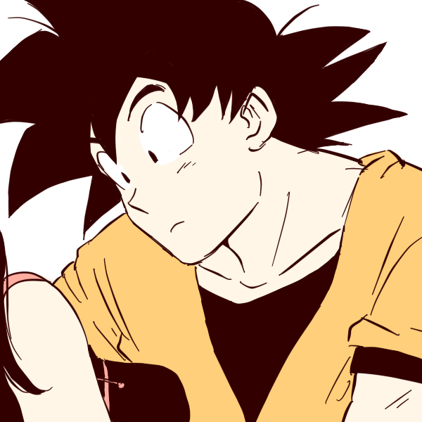 1boy 1girl black_eyes black_hair breasts chi-chi_(dragon_ball) couple dougi dragon_ball expressionless looking_at_another miiko_(drops7) out_of_frame simple_background son_gokuu spiky_hair white_background