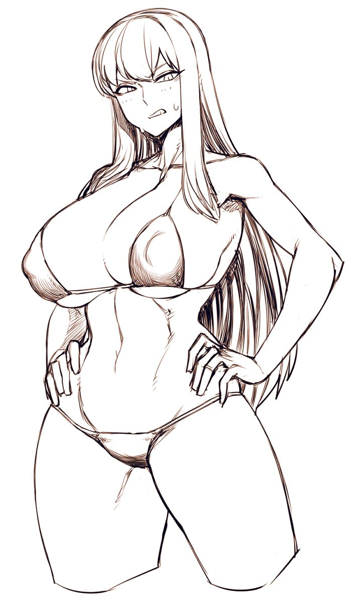 1girl bangs bare_arms bare_shoulders bikini breasts clenched_teeth cropped_legs erect_nipples eyebrows_visible_through_hair frown greyscale hands_on_hips highres huge_breasts legs_apart long_hair looking_at_viewer monochrome navel simple_background slit_pupils solo space_jin standing sweatdrop swimsuit teeth toned white_background