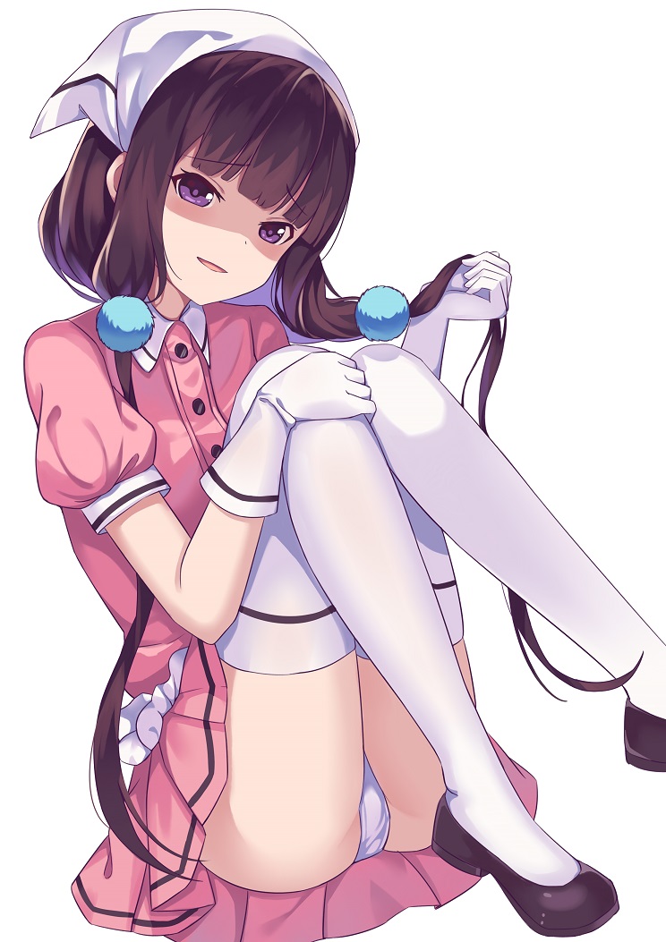 1girl black_footwear blend_s brown_hair dress eyebrows_visible_through_hair gloves hand_in_hair head_tilt long_hair low_twintails mary_janes panties pantyshot pantyshot_(sitting) parted_lips pink_dress puffy_short_sleeves puffy_sleeves sakuranomiya_maika shaded_face shoes short_sleeves simple_background sitting smile solo thigh-highs twintails underwear very_long_hair violet_eyes waitress white_background white_gloves white_legwear white_panties yukiyaii