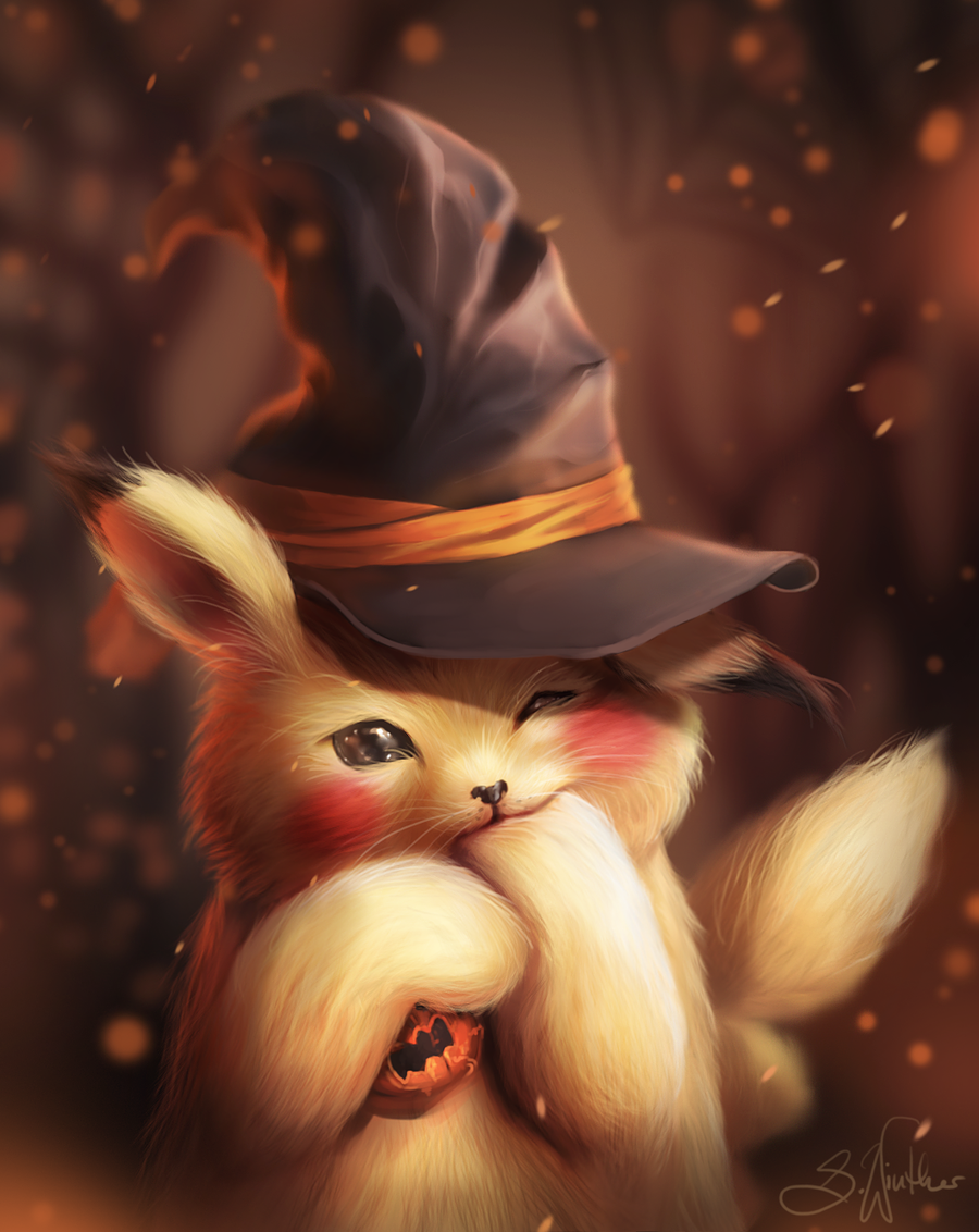 autumn black_eyes black_hat blurry blurry_background depth_of_field fur half-closed_eye halloween_costume hat looking_at_viewer no_humans pikachu pokemon pokemon_(creature) realistic sandra_winther signature upper_body whiskers witch_hat