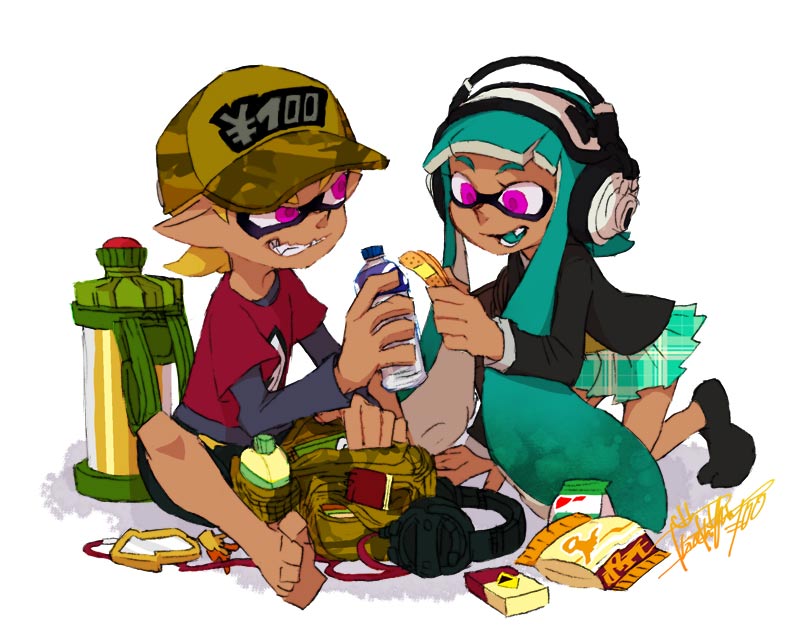 artist_name bandaid bangs barefoot baseball_cap black_jacket black_legwear blazer blunt_bangs bottle cellphone dark_skin fang fanny_pack green_hair green_skirt green_tongue grin hat headphones holding ink_tank_(splatoon) inkling isamu-ki_(yuuki) jacket kneeling komi_(isamu-ki) long_sleeves looking_at_another miniskirt original phone plaid plaid_skirt pleated_skirt school_uniform sharp_teeth short_hair signature sitting skirt smartphone smile socks splatoon teeth tentacle_hair violet_eyes water_bottle white_background yen_(isamu-ki) yen_sign