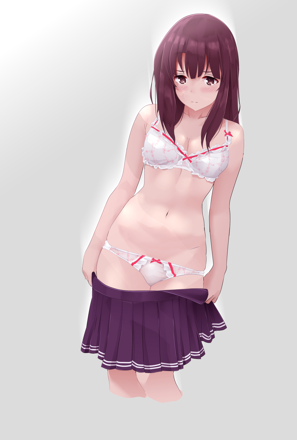 1girl bangs blush bow bow_bra bow_panties bra breasts brown_eyes brown_hair cleavage closed_mouth commentary_request cowboy_shot cropped_legs embarrassed frilled_bra frilled_panties frills grey_background hair_over_shoulder highres katou_megumi legs light_frown long_hair looking_at_viewer miniskirt navel no_shirt ohjin panties pleated_skirt purple_skirt saenai_heroine_no_sodatekata school_uniform simple_background skirt skirt_pull small_breasts solo standing striped striped_skirt underwear underwear_only undressing white_bra white_panties